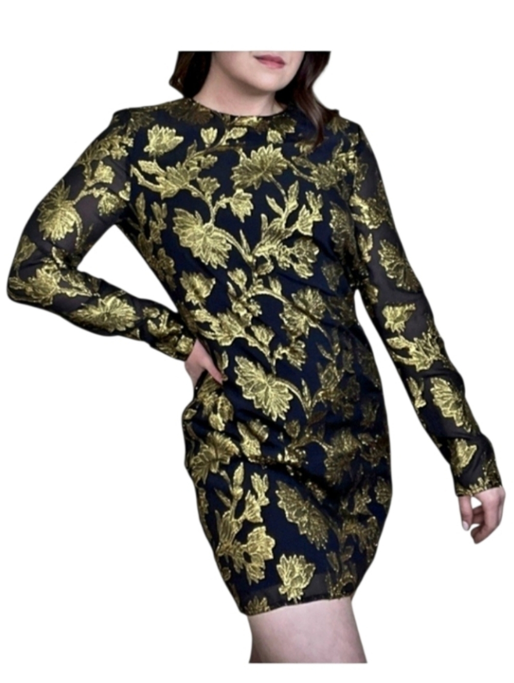 Equipment Femme Black & Gold Metallic Floral Silk Lurex Tunic Sheath Dress S